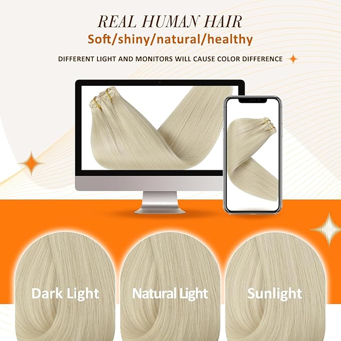 Full Shine Clip in Extensions Platinum Blonde Real Hair Extensions Clip in Human Hair Blonde Invisible Hair Extension with PU Weft Straight Hair 16 Inch 8 PCS 120 G