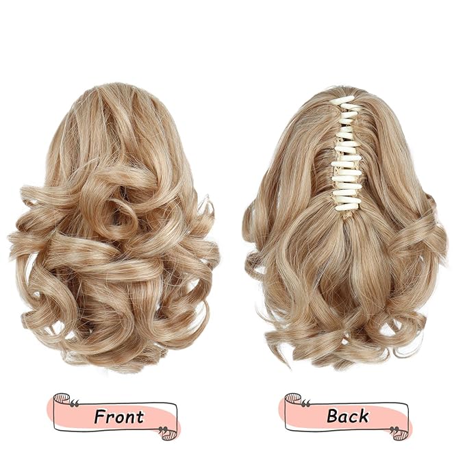 Ponytail Extension, Clip on Ponytails for Women, 9" Claw Clip in Short Curly Wavy Pony Hair Extension for Women - Blonde