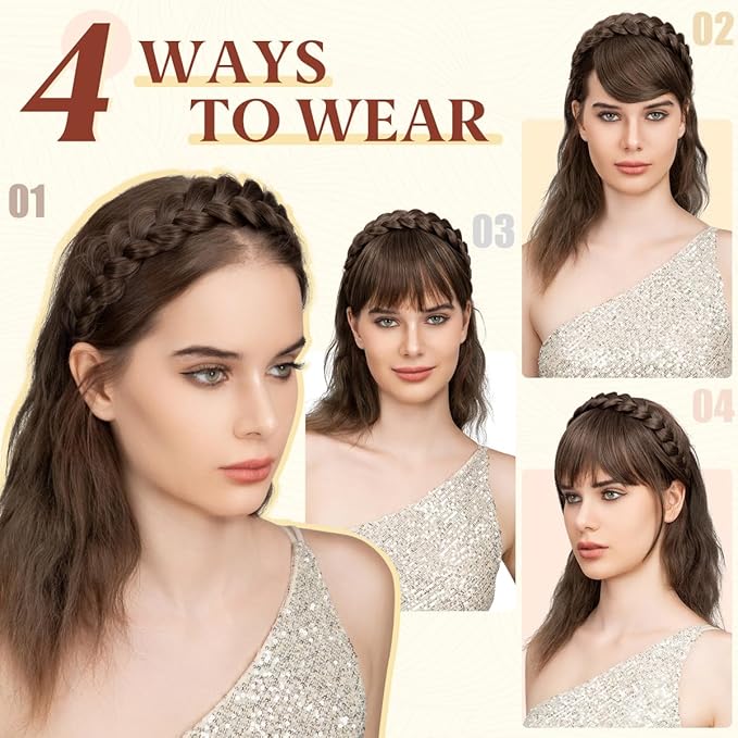 SARLA Braided Headband with 3 Detachable Clip in Bangs Fringe Hairpieces Fake Synthetic Hair Band Bangs for Women Cream Blonde