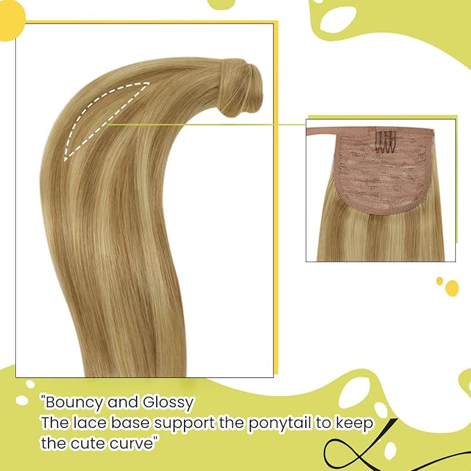 RUNATURE Ponytail Extension Human Hair, Blonde Real Hair Ponytail Extension, Wrap Around Human Hair Ponytail, Daily Wearing, Easy to Install, 18 Inch 80g #16P24 Golden Blonde Highlights