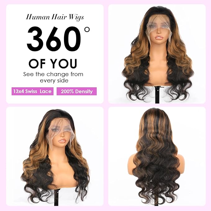 28 Inch Ombre Lace Front Wig Human Hair 1B/30 Highlight Body Wave Lace Front Wigs Human Hair Colored 13x4 Brown Wig 200 Density Balayage Glueless HD Lace Frontal Wigs