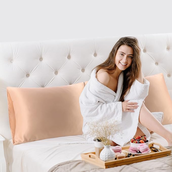 uxcell 2 Pack Silk Satin Pillowcase for Hair and Skin, Cool, Silky, Soft Breathable Pillow Cases Standard Size 20x26 Inch Sateen Pillowcase Champagne with Envelope Closure