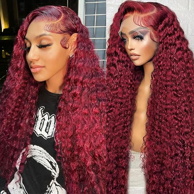 BVLBVL Burgundy Wig Human Hair 28 Inch 99j 13x6 HD Lace Front Wigs Human Hair 250 Density Deep Wave Human Hair Wig Pre Plucked Wet And Wavy No Tangle No Shedding Triple Lifespan 3x