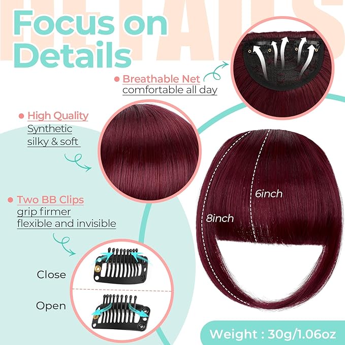 Clip in Bangs, Synthetic French Bangs Hair Clip, Fake Bangs Fringe with Temples Hairpieces for Women Natural Curved Hair Extensions for Daily Wear Wine Red