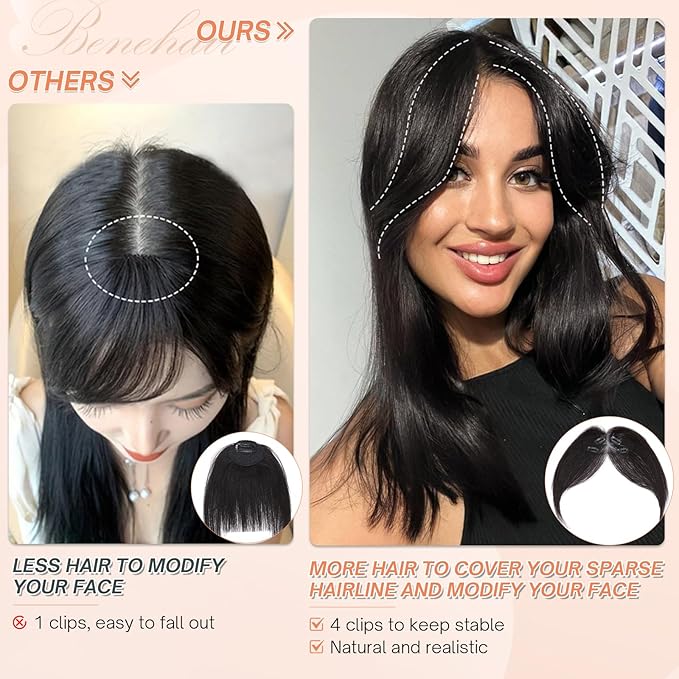 Benehair Clip on Bangs for Women Human Hair, Fake Bangs Clip Human hair, Middle Part Bangs Clip in Hair Extensions Hair Pieces with Temples for Daily Wear (Natural Black)