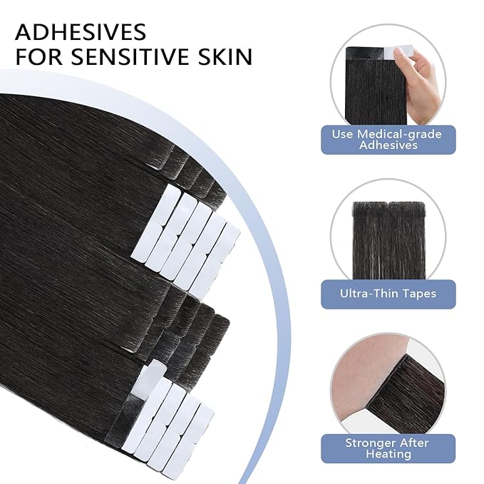 COOKAYU Invisible Tape in Extensions Human Hair, Natural Black Seamless Injected Tape Ins Remy Hair 20Inch 45g 20pcs Straight Invisi Edge Extensions Silky Smooth