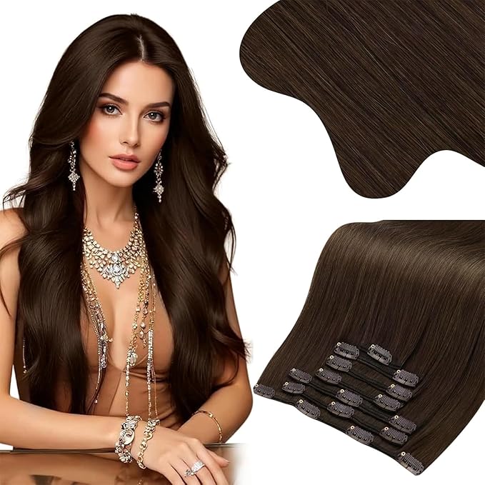 Moresoo Clip in Hair Extensions Remy Double Weft Human Hair Clip in Extensions Straight Hair Extensions for Women Medium Brown #4 7pcs 135g 16inch