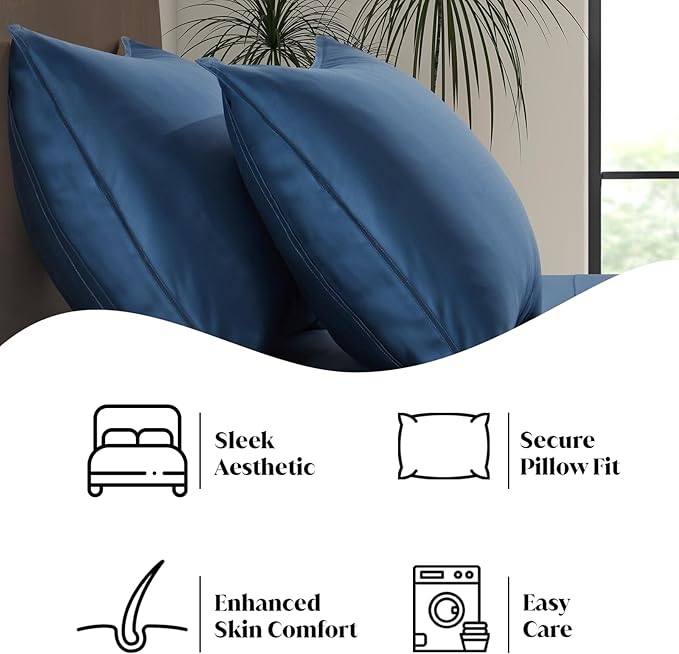 Luxury Bamboo Market | Queen Envelope Pillowcase Set | 100% Viscose Made from Bamboo | Organically Grown | Ultra Soft | Cooling | 2pcs [Midnight Blue]