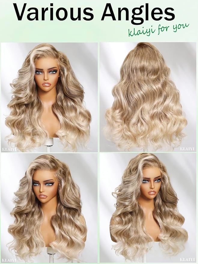 KLAIYI Ombre Ash Blonde Loose Body Wave Pre Everything Glueless 13x4 Lace Front Wigs Human Hair Balayage Precut Pre Plucked Bleached Bye Bye Knots 30S Ready to Wear and Go Wig Beginner Friendly 16Inch