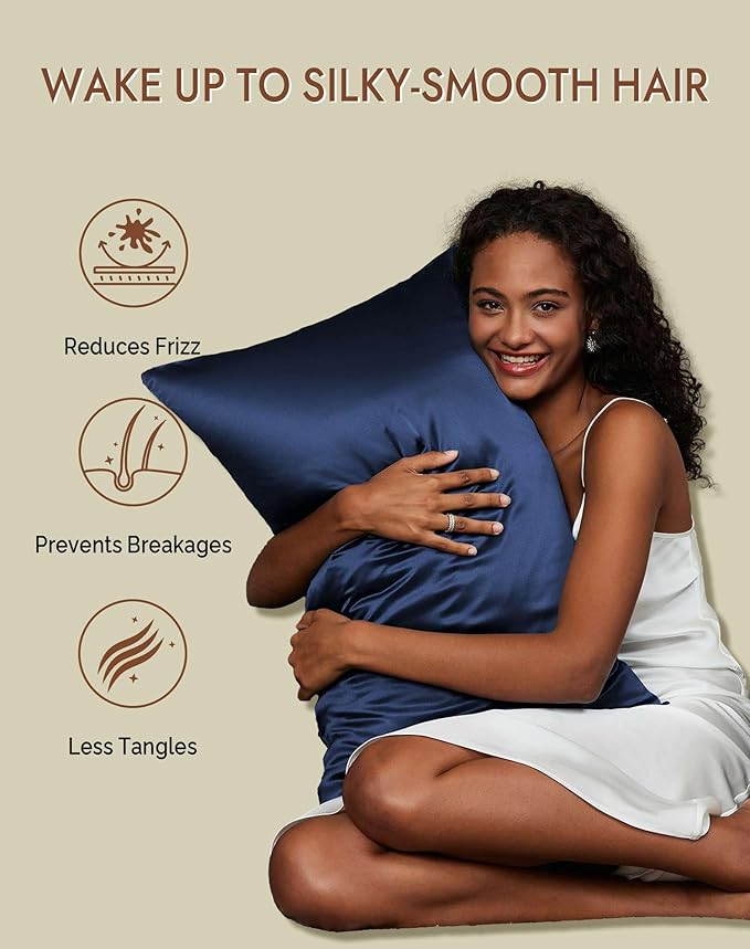 SilkSilky 100% Mulberry Silk Pillowcase - Pure 22 Momme High-Grade 6A Fibers for Hair & Skin, Envelope Closure, Natural, Organic, Breathable & Cooling Pillow Case (Queen, Dark Blue)
