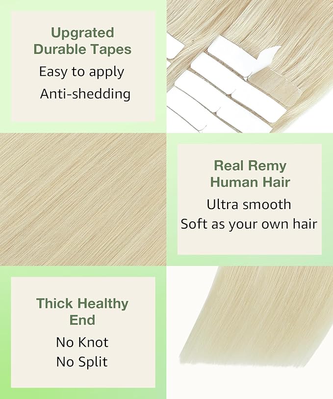 SURNEL Tape in Hair Extensions Human Hair #60 Platinum Blonde Tape in Hair Extensions 14inch 20pcs 50g(#60-14)