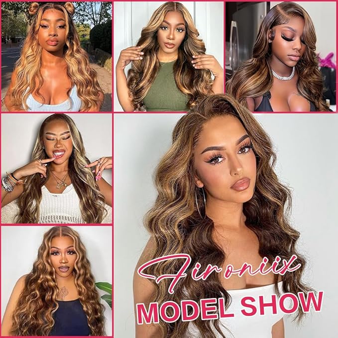 36Inch Highligh Ombre Lace Front Wig Human Hair Highlight Body Wave 13x6 Lace Front Wigs Pre Plucked HD Frontal 180 Density Glueless 4/27 Highlighted Human Hair Wig