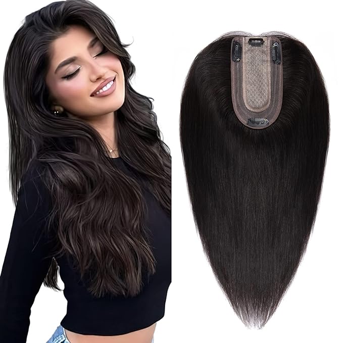 SEGO Real Human Hair Topper for Women, No Bangs Hair Topper with Anti-Slip Clips (16 Inches 1B Natural black)