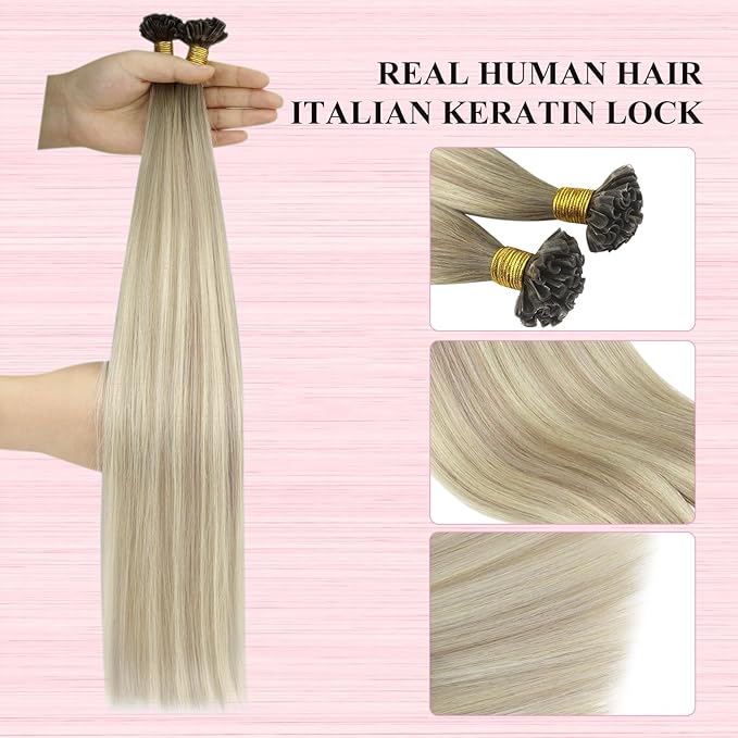 YoungSee U Tip Hair Extensions Human Hair Ash Blonde with Platinum Blonde Balayage Utip Real Hair Extensions for Women 20In 1G/S 50G