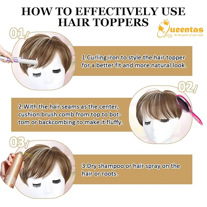 QUEENTAS Short Hair Toppers for Women with Thinning Hair Large Full Coverage with 5 Clips Hair Pieces Wispy Bangs(Brown Highlight Blonde)