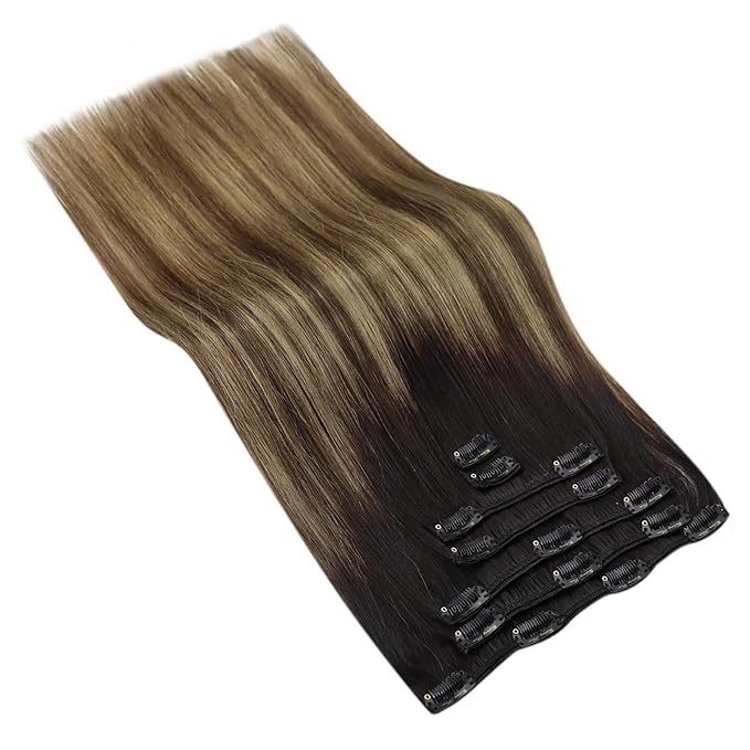 Ve Sunny Human Hair Clip in Extensions Black Clip in Hair Extensions Black Ombre Brown with Blonde Extensions for Women Real Hair Thick End 16Inch 120g