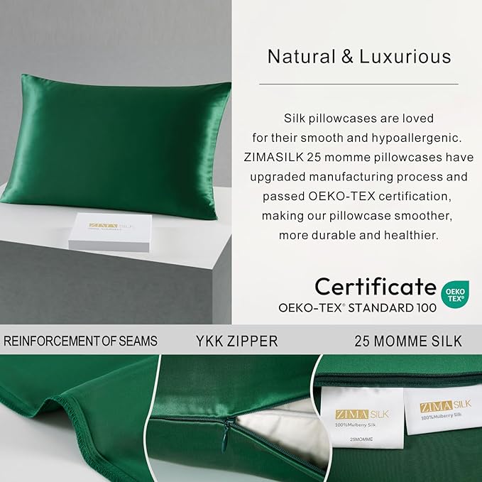 ZIMASILK 25 Momme 100% Pure Mulberry Silk Pillowcase for Hair and Skin Care, Highest Grade 6A Pillow Cases for Women, Long-Lasting Durablity, Gift for Women Men, 1Pc (Standard 20"x26", Blackish Green)