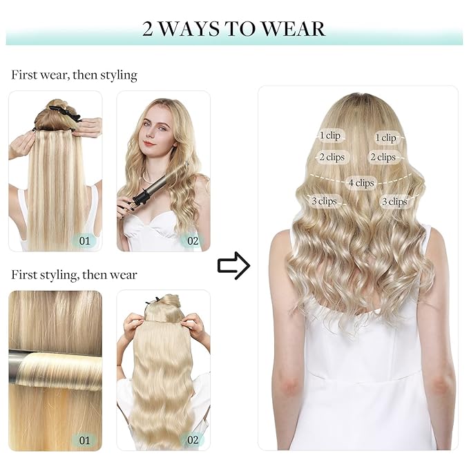 DOORES Human Hair Clip in Extensions, Balayage Dark Blonde Highlighted Bleach Blonde 24 Inch 9pcs 150g, Clip in Hair Extensions Remy Hair Extensions Silky Straight Extensions For Women Thick