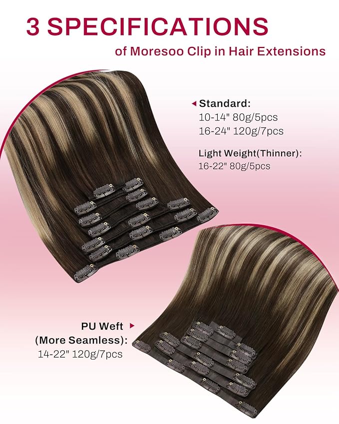 Moresoo Seamless Clip in Hair Extensions Real Human Hair Dark Brown to Caramel Blonde Ombre Human Hair Clip in Extensions Brown to Blonde Balayage Invisible 120g/7pcs 16 inch
