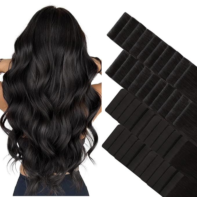 GOO GOO Invisi Edge Tape in Hair Extensions Human Hair, 1B Natural black 20pcs injected with 20pcs classical tape ins, 24inch 100g, Virgin Remy Hair, Natural Look