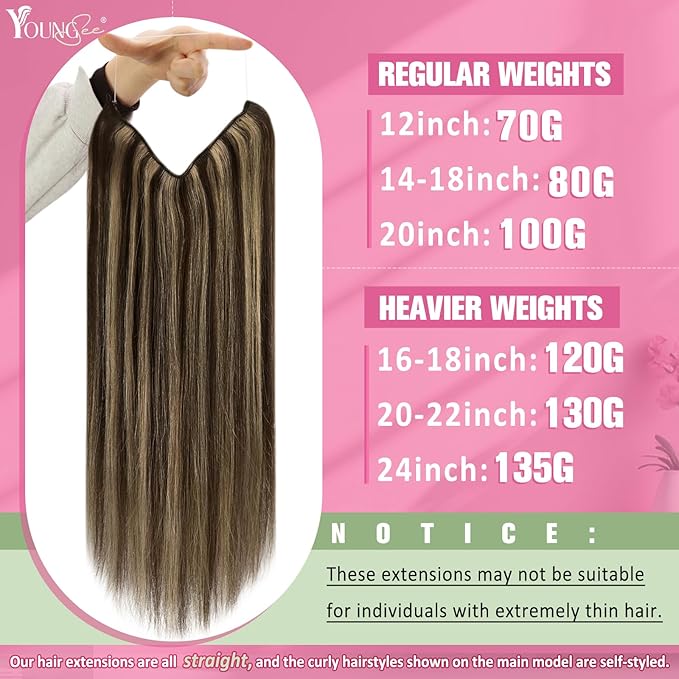 YoungSee Invisible Wire Hair Extensions Real Human Hair Highlight Wire Human Hair Extensions Dark Brown with Blonde Fish Line Hair Extensions Blend Naturally 20inch 100g