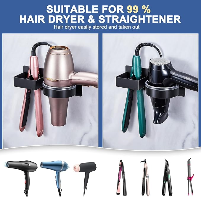 Hair Straightener Holder Wall, Blow Dryer Holder Wall Mounted Hairdryer Holder for Bathroom, Hair Tools Organizer & Storage Curling Iron Holder, Salon Hair Dryer Holder (Black)