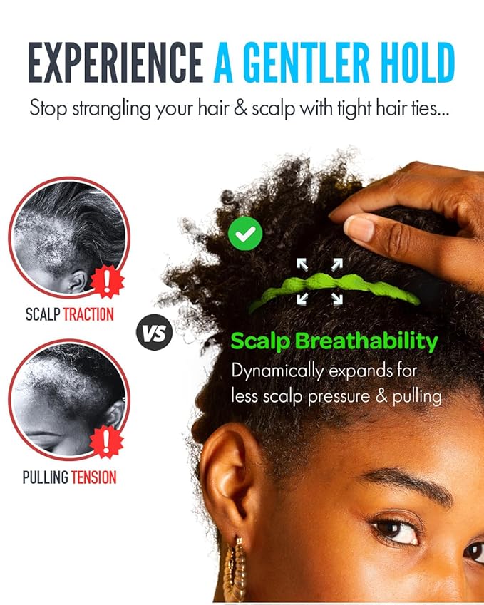 Bunzee Bands Large Adjustable Hair Ties for Thick, Thin, Curly, & Natural Types | No Damage Ponytail Holders for Braids, Locs, Puffs, Buns | Elastic Hairband Accessories for Women | Black (Set of 2)