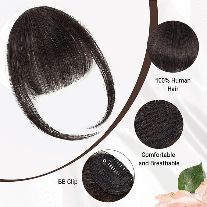 BOGSEA Clip in Bangs 100% Human Hair Bangs with Temples Bangs Hairpieces for Women Clip in Fake Bangs for Daily Wear (Dark Brown)