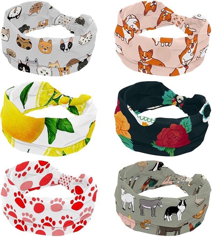 6 Pcs Stretchy Headbands for Women, Absorbed Sport Headband Soft Twist Knotted Headbands for Daily Life Yoga Workout, Dogs Collection Multi Animal