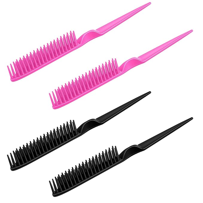3 Row Hair Comb for Natural Detangling, 4PCS Rat Tail Styling Comb Set Nylon Bristle Unbraider Teasing Combs for Defining Curls and Sectioning Hair