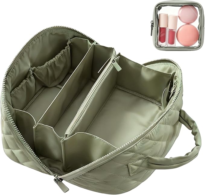 Cosmetic Bag for Travel, Large Capacity Pouch Purse Organizer, Waterproof Puffy Padded Make Up Toiletry Bag for Women (Green)