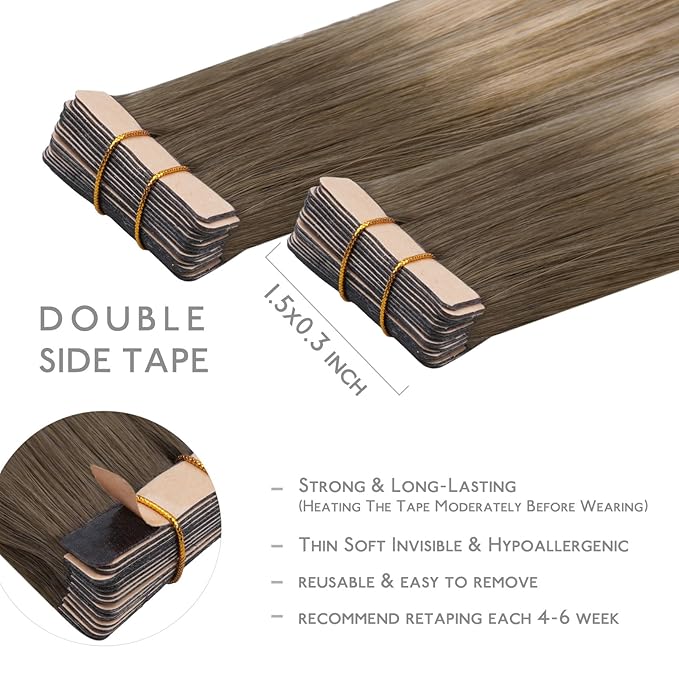 WENNALIFE Tape in Hair Extensions Human Hair, 20pcs 50g 16 inch Balayage Sandy Brown to Platinum Blonde Remy Hair Extensions for Women Tape Ins Straight Extensiones De Cabello Humano Skin Weft