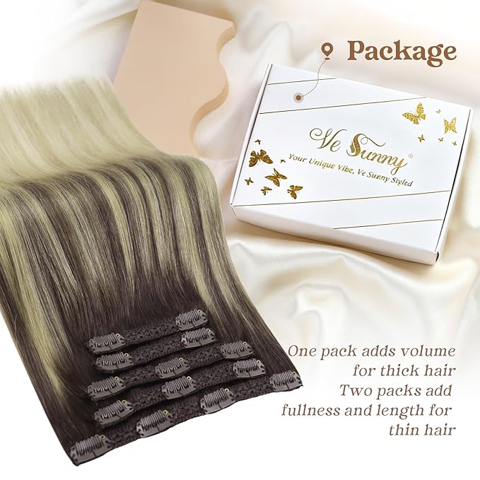 Ve Sunny Clip in Hair Extensions Real Human Hair Flexible Human Hair Clip in Extensions Ombre Hair Clip in Extensions Dark Brown Ombre Golden Blonde Mix Light Blonde Natural Look 7pcs 120g 18inch