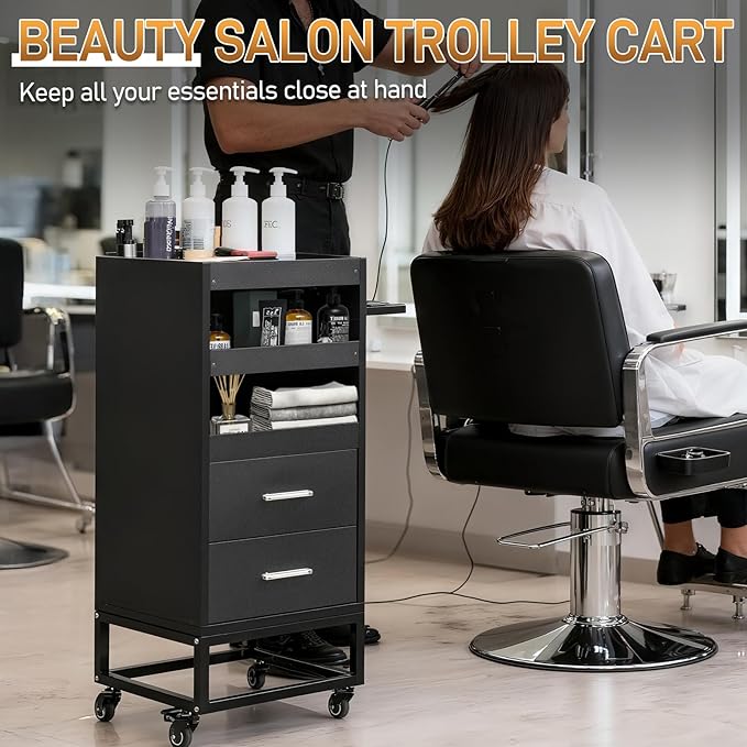 Winado Beauty Salon Trolley Cart, Rolling Hair Cart with Lockable Wheels, 2 Drawers, 3 Tool Holders, Mobile Makeup Organizer Station Cabinet for Hair Stylist Beauty Spa Barbershop, Black