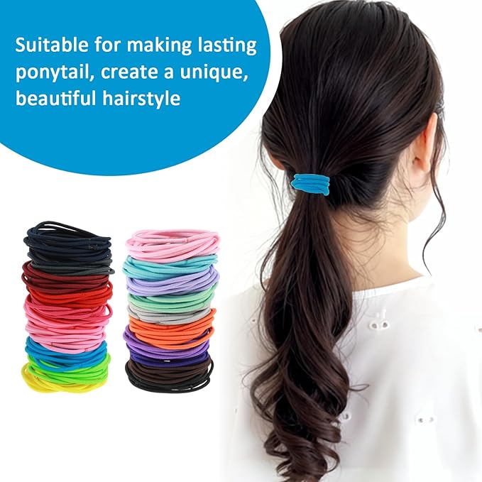 200PCS Basics Pony Tail Hair Ties, Multicolor Hair Ties, Elastic Rubber Bands for Women, Seamless Ponytail Holders for Thick Curly Hair, Thin Curly Hair Ponytail Holder (Rainbow Colors)