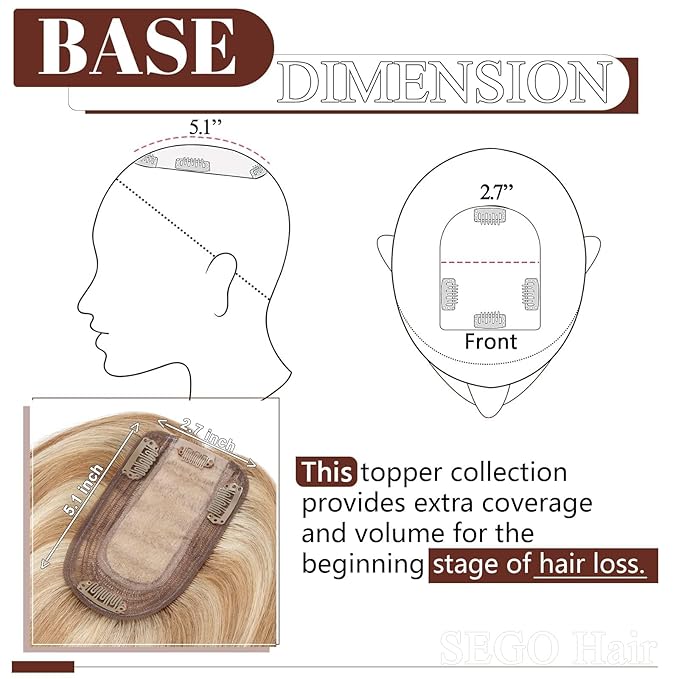 SEGO Real Human Hair Topper for Women without Bangs, Hair Topper with Anti-Slip Clips (14 Inches Golden Brown Mix Bleach Blonde)