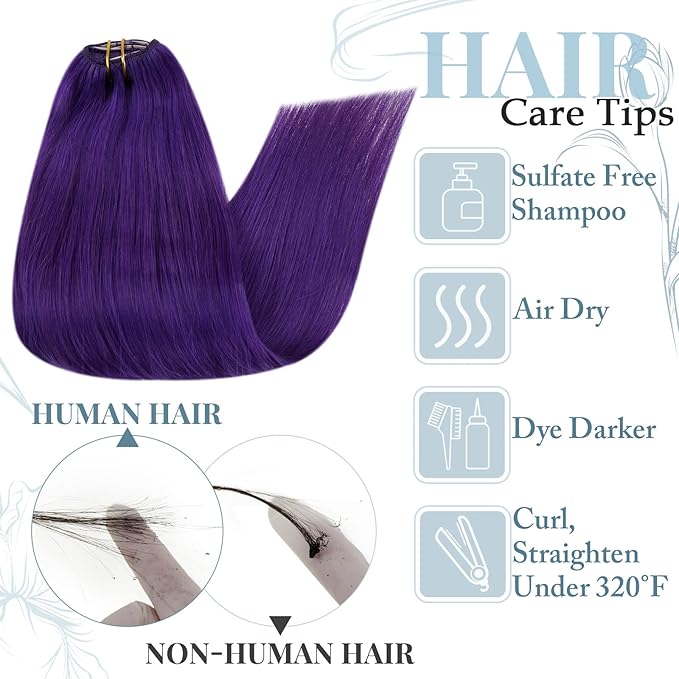 RUNATURE Purple Clip in Hair Extensions Human Hair 20 Inch Straight Clip in Purple Hair Extensions Colorful Human Hair, Easy to Install 70g 5pcs