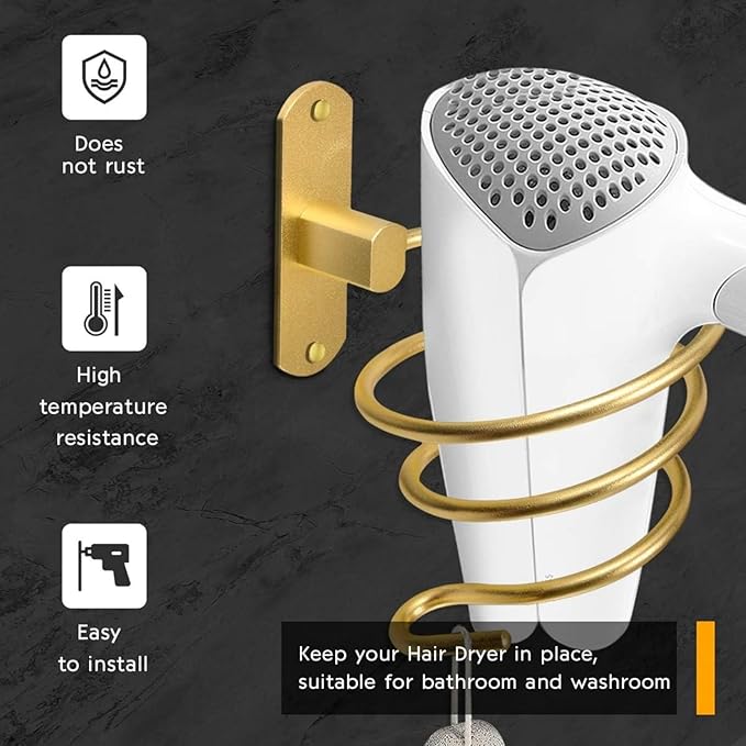 YWHWXB Hair Dryer Holder,Wall Mounted Spiral Hair Dryer Shelf,Bathroom Stainless Steel Hair Dryer Bracket,Self-Adhesive Hair Dryer Storage Rack (Gold)