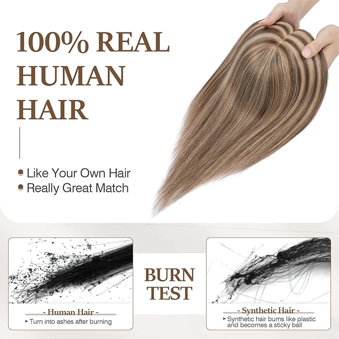 Rich Choices Hair Toppers for Women Real Human Hair 100% Human Remy Toppers NO Bangs with Thinning on Top Clip in Hairpiece 4"x4.7"Lace Base 6 Inch #4P27 Medium Brown Highlights Dark Blonde
