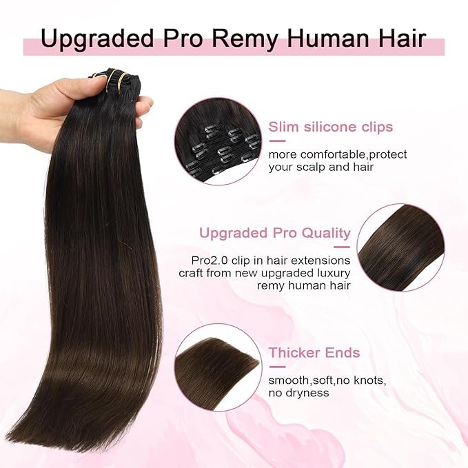 Pro2.0 Clip in Hair Extensions Real Human Hair 22inch 7pcs #1BT4 Natural Black Fading to Middle Brown Remy Real Hair Extensions Clip in Human Hair 120g（#1BT4-22inch）