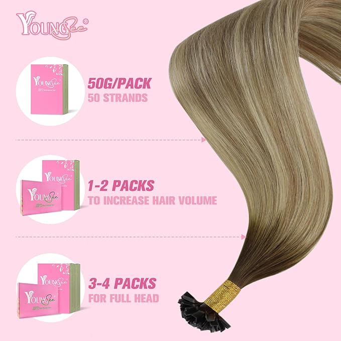 YoungSee K Tip Hair Extensions Balayage Keratin Tip Hair Extensions Balayage 24 Inch Long Dark Brown Ombre Brown with Blonde 50s/50g