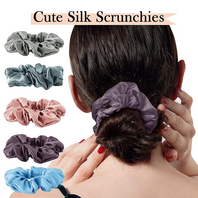 Silk Hair Scrunchies, 100% Mulberry Silk Hair Tie, No Damage for Frizz Prevention, Sleep and Night Scrunchie, Hair Accessories for Women (Rubber Red, Haze Blue, Light Blue, Gray, Sauce Purple)