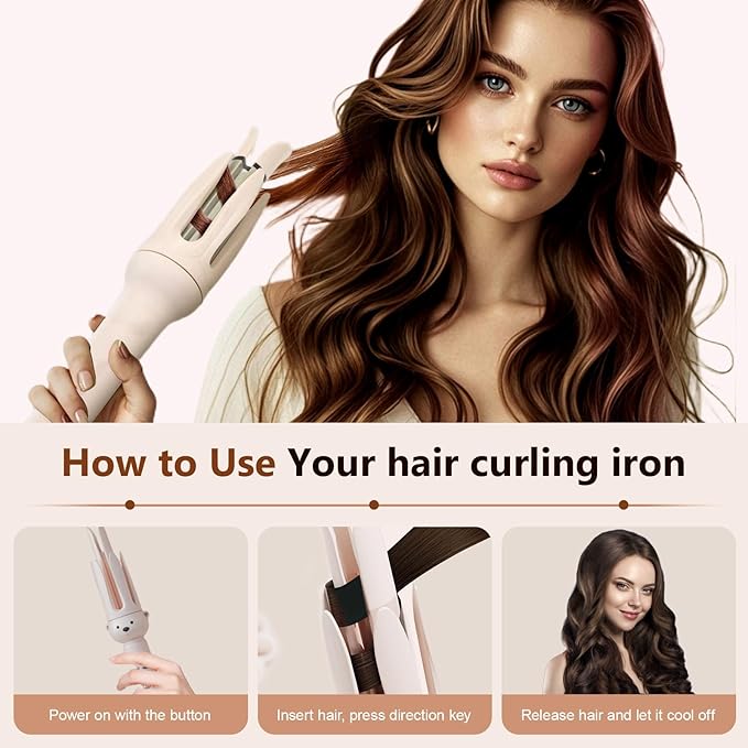 2026 New Fully Automatic Lazy Curling Stick, Upgrade Electric Rotary Curler Automatic Curling Iron, Large Curling Without Damaging Hair 28mm Comfort Hair Curler (Beige)