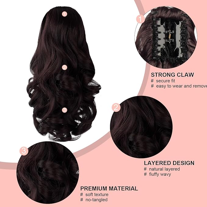 Ponytail Extension, Clip on Ponytails for Women, 12" Claw Clip in Short Curly Wavy Pony Hair Extension for Women - Brunette