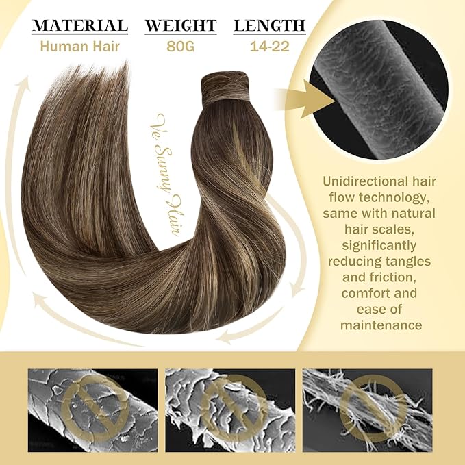 Ve Sunny Hair Extensions Ponytail Real Human Hair Wrap Around Clip in Ponytail Hair Extensions Straight Extensions Human Hair for Women Medium Brown Balayage Ombre Caramel Blonde 20inch 80G