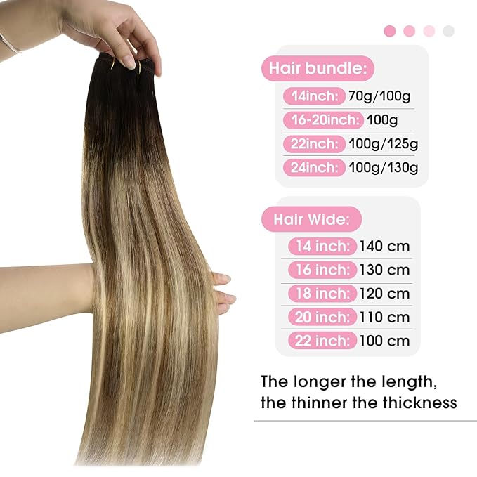 YoungSee 130g Sew in Hair Extensions Real Human Hair Dark Brown Ombre Medium Brown with Blonde Balayage Weft Hair Extensions Ombre Sew in Bundles Human Hair for Women 24Inch