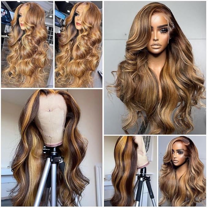 30 Inch 13x6 Body Wave Highlight Ombre Lace Front Wig Human Hair 13x6 HD Lace Front Wigs Human Hair 180% Density P4/27 Colored Wigs Honey Blonde Glueless Wigs Human Hair Pre Plucked Pre Cut