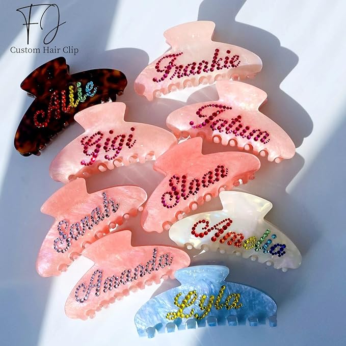 Personalized Colorful Name Hair Claw Clips for Women,Custom Hair Clips with Diamond,Cute Hair Accessories 4",Handmade Rhinestones Hair Clamp Gifts for Mom,Bride,Wife,Bridesmaid（Flash Pink）