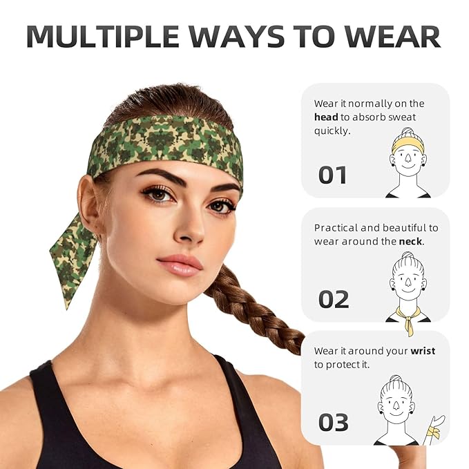 Men Women Fashion Sports Sweat Bands Hand Decor for Running Fitness Shower, Long Multi Style Green Camo Army Camouflage Head Ribbon Headwear