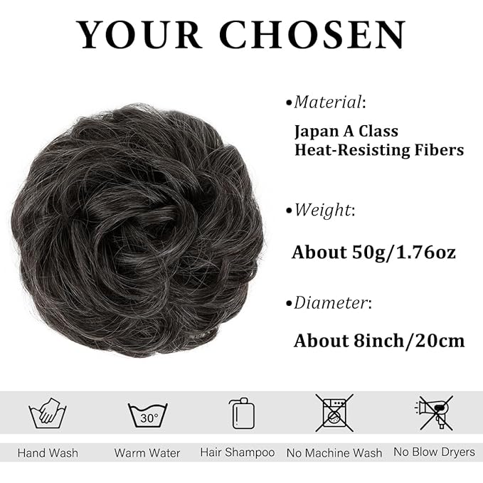 CJL HAIR Large Messy Bun Hair Piece Wavy Curly Scrunchies Synthetic Chignon Ponytail Hair Extensions Thick Updo Hairpieces for Women Pepper Grey
